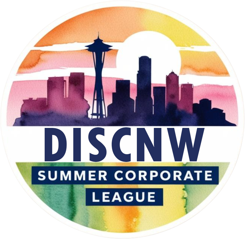 DiscNW Summer Corporate League badge with the Seattle skyline